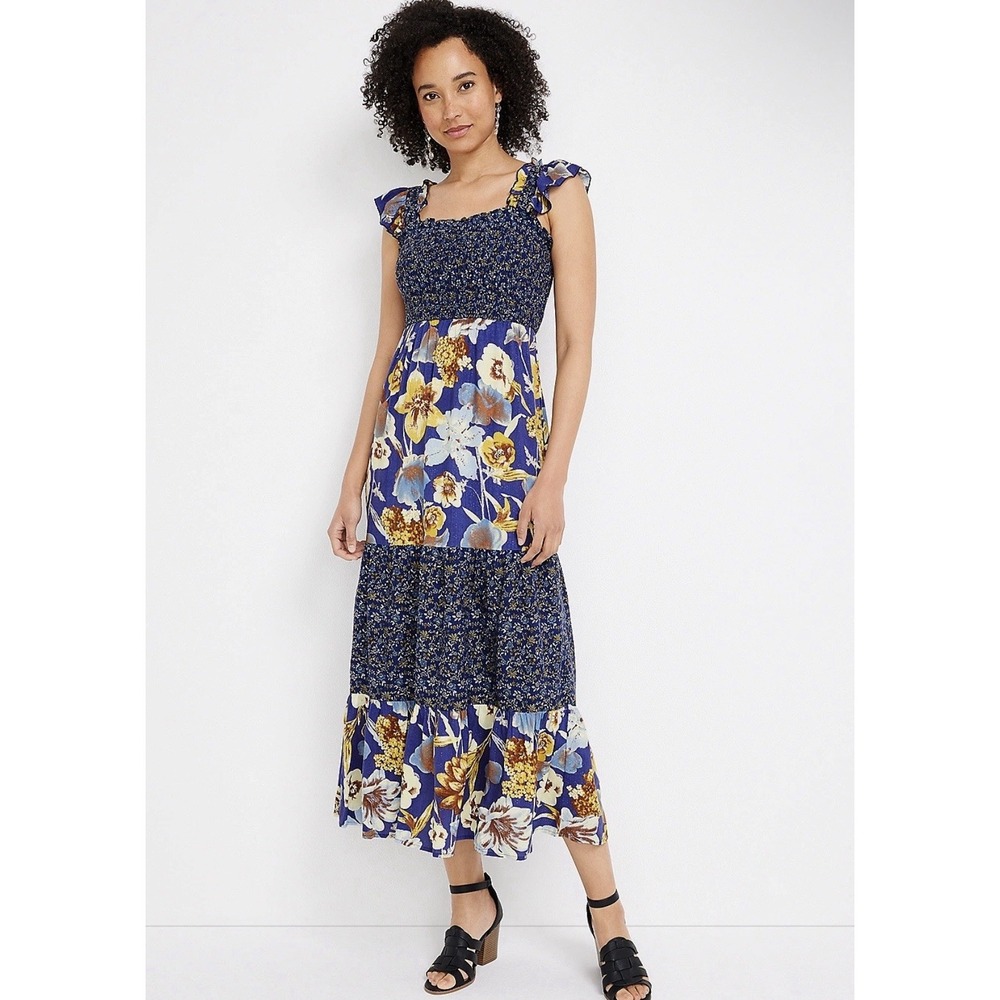 Maurices Maxi Dress Womens Blue Floral Tiered Smocked Ruffle Boho‎ Cottage Sz M